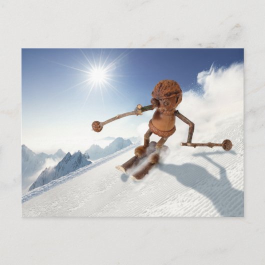 Acorn elf skiën op het sneeuwwinterbriefkaart briefkaart (Voorkant)