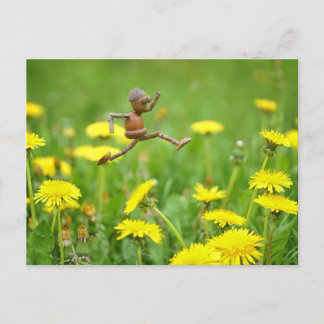 Acorn elf springt op de andelions op de weide briefkaart