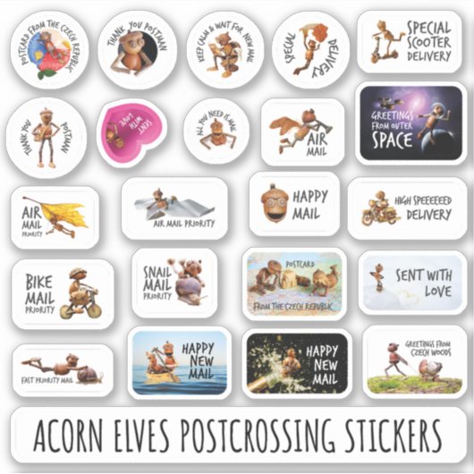 Acorn elves grappige stickers voor postcrossing (Voorkant)