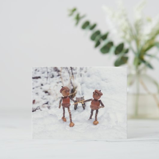Acorn elves rijdt op een slee briefkaart (Staand voorkant)
