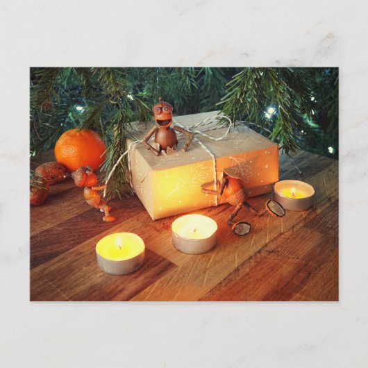 Acorn elves unpacking Christmas gift box  Briefkaart (Voorkant)