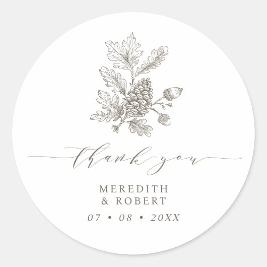 Acorn & Pinecone Branch Fall Wedding Dank u Ronde Sticker (Voorkant)