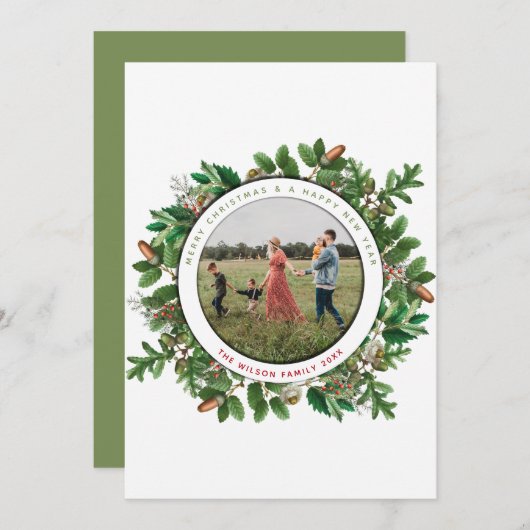 Acorn Wreate Family Kaart met kerstmis foto's (Voorkant / Achterkant)