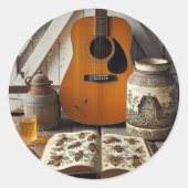 Acoustic Guitar Bees Country Living Natuur Ronde Sticker (Voorkant)