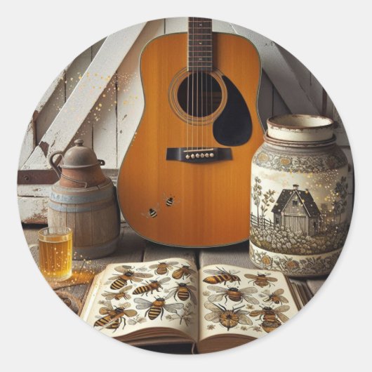 Acoustic Guitar Bees Country Living Natuur Ronde Sticker (Voorkant)
