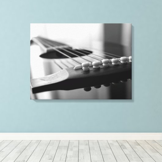 Acoustic Guitar Black en white Strings angle Canvas Afdruk (Insitu (Houten vloer))