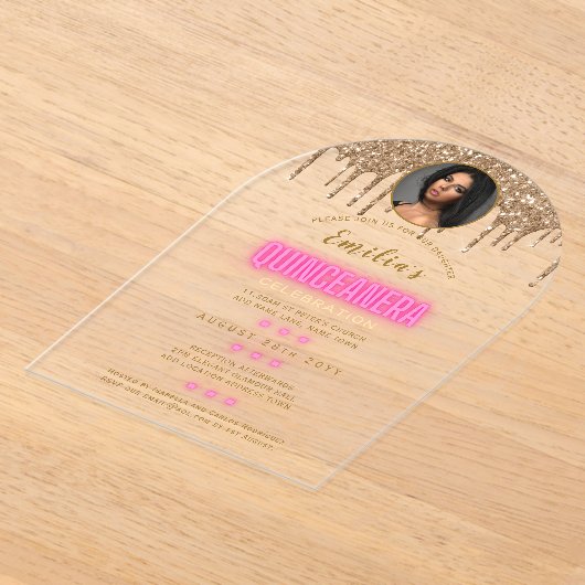 ACROLYCISCHE FOTO Quinceanera Heet Roze Goud Quinc Acryl Uitnodigingen (Laagn)