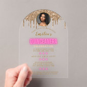 ACROLYCISCHE FOTO Quinceanera Heet Roze Goud Quinc Acryl Uitnodigingen (Insitu (Draagbaar))