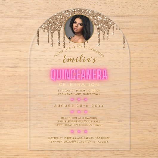 ACROLYCISCHE FOTO Quinceanera Heet Roze Goud Quinc Acryl Uitnodigingen (Voorkant)