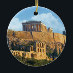 Acropolis Keramisch Ornament<br><div class="desc">Rond ornament van keramiek met een afbeelding van het glorieuze Parthenon op de Acropolis en op de bogen van het Herodes Atticus-amfitheater hieronder in Athene, Griekenland. De rug is blauw met klantgerichte teksten. Zie het volledige collectie van het Ornament van Griekenland in de sectie van het Huis van het THUIS....</div>