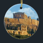 Acropolis Keramisch Ornament<br><div class="desc">Rond ornament van keramiek met een afbeelding van het glorieuze Parthenon op de Acropolis en op de bogen van het Herodes Atticus-amfitheater hieronder in Athene, Griekenland. De rug is blauw met klantgerichte teksten. Zie het volledige collectie van het Ornament van Griekenland in de sectie van het Huis van het THUIS....</div>