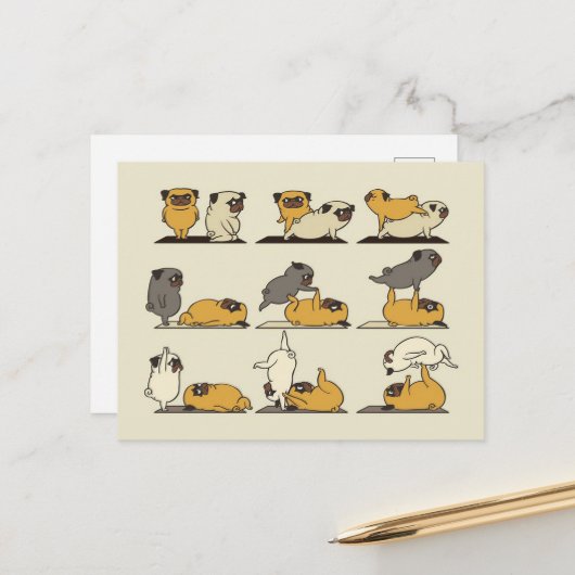 Acroyoga met de Franse bullehond Pug Aankondigingskaart (Voorkant / Achterkant in situ)