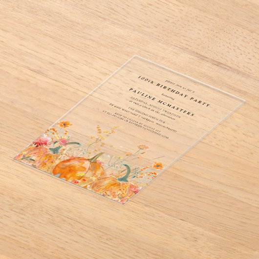 ACRYL 100TH Verjaardag Herfst Pompoen Wildflower Acryl Uitnodigingen (Laagn)