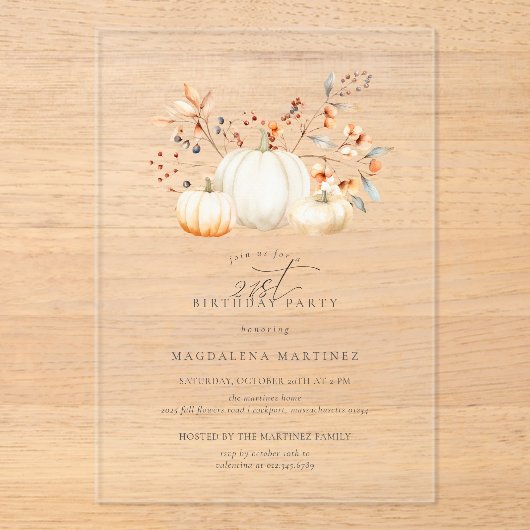 ACRYL 21e Verjaardag Witte Pompoen Fall Bladeren Acryl Uitnodigingen (Voorkant)