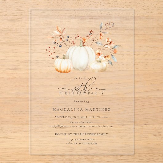 ACRYL 30e Verjaardag Witte Pompoen Fall Bladeren Uitnodigingen (Voorkant)