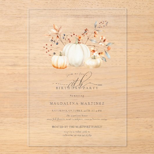 ACRYL 70e verjaardag Witte pompoen val bladeren Acryl Uitnodigingen (Voorkant)