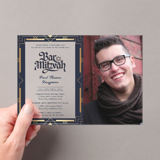 ACRYL BAR MITZVAH Foto Blauw Goud Elegant Acryl Uitnodigingen (Insitu (Draagbaar))