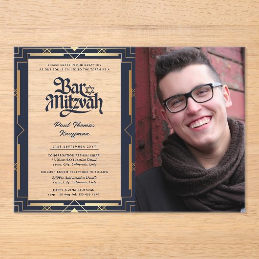 ACRYL BAR MITZVAH Foto Blauw Goud Elegant Acryl Uitnodigingen (Voorkant)