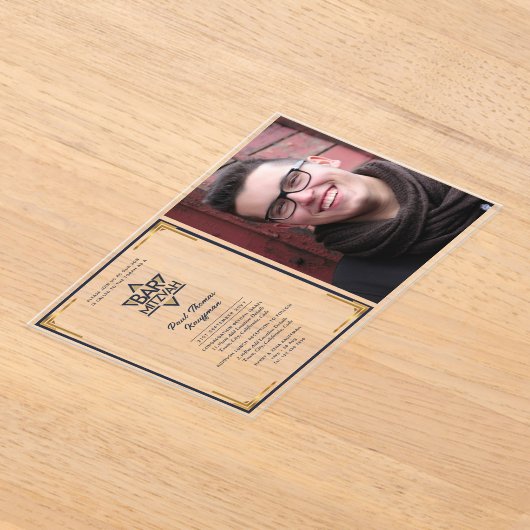 ACRYL BAR MITZVAH Foto Navy Gold Star David Acryl Uitnodigingen (Laagn)