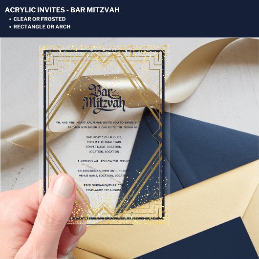 ACRYL BAR MITZVAH Modern Navy Gold Classy Acryl Uitnodigingen