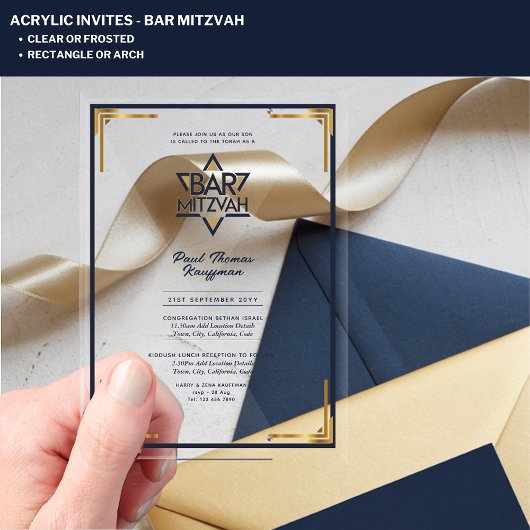 Acryl BAR MITZVAH Navy Gold Modern Classy Acryl Uitnodigingen