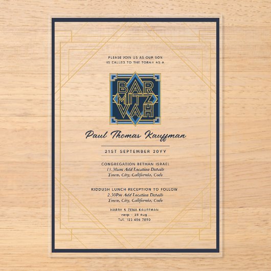 Acryl BAR MITZVAH Navy Gold Modern Trendy Acryl Uitnodigingen (Voorkant)