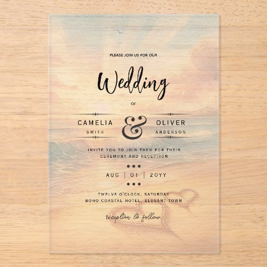 ACRYL Bestemming Trouwstrand Zonsondergang Oceaan Acryl Uitnodigingen (Voorkant)