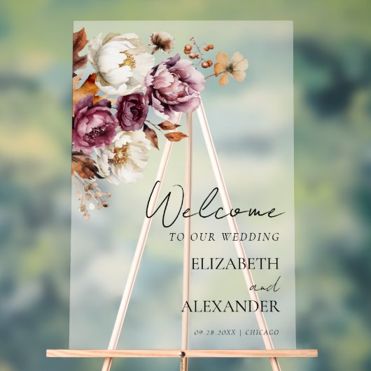 Acryl Bourgondië Bloemen Fall Wedding Party Sign Acryl Bord (Neutraal)