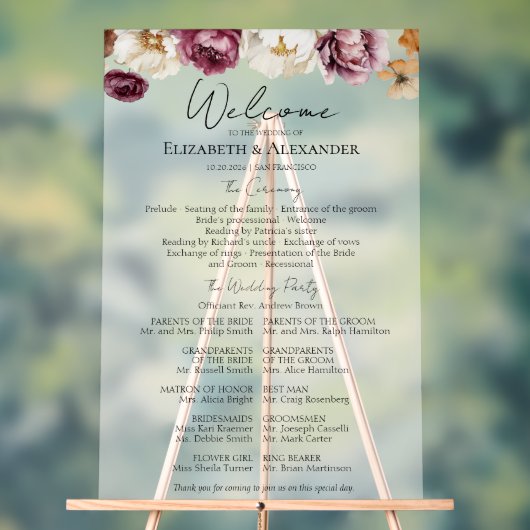 Acryl Bourgondië Wedding Ceremony Program Teken Acryl Bord (Neutraal)
