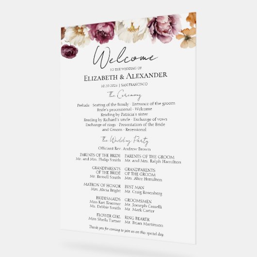 Acryl Bourgondië Wedding Ceremony Program Teken Acryl Bord (Hoek)