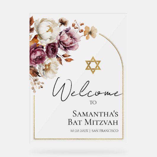 Acryl Bourgondische Herfst Bat Mitzvah Welkomstbor Acryl Bord (Voorkant)