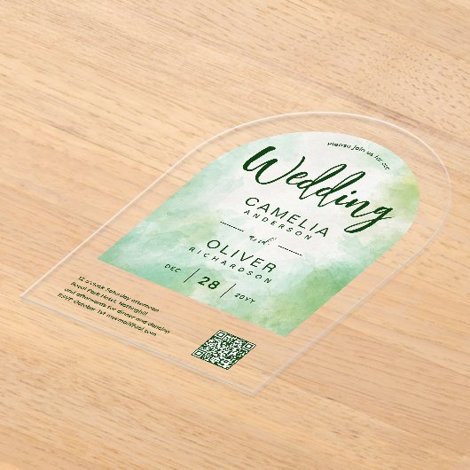 ACRYL BRUILOFT Artistieke Groene QR Code RSVP Webs Acryl Uitnodigingen (Laagn)