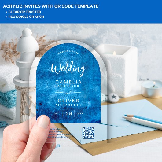 ACRYL BRUILOFT Distressed SKY BLUE QR Code RSVP Acryl Uitnodigingen