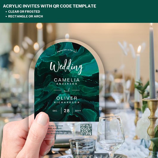 ACRYL BRUILOFT Emerald Green QR Code RSVP Website Uitnodigingen