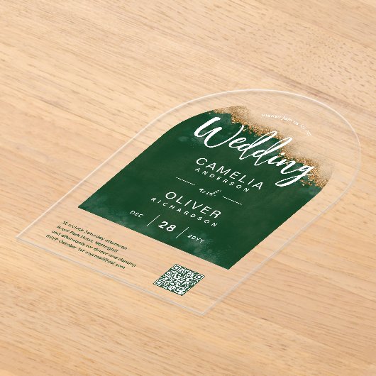 ACRYL BRUILOFT Groene Agaat QR Code RSVP Website Acryl Uitnodigingen (Laagn)