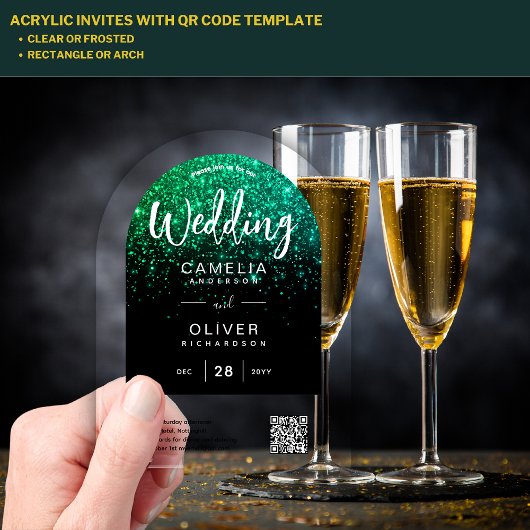 ACRYL BRUILOFT Groene Glitter QR Code RSVP Website Acryl Uitnodigingen