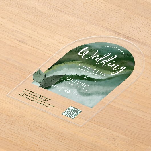 ACRYL BRUILOFT Natuur Groene QR Code RSVP Website Acryl Uitnodigingen (Laagn)