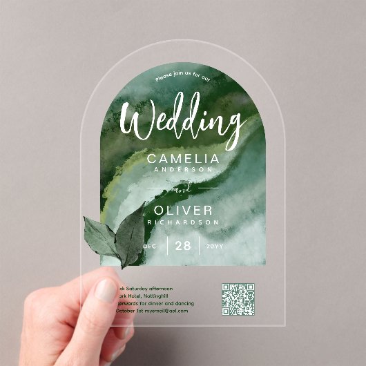 ACRYL BRUILOFT Natuur Groene QR Code RSVP Website Acryl Uitnodigingen (Insitu (Draagbaar))