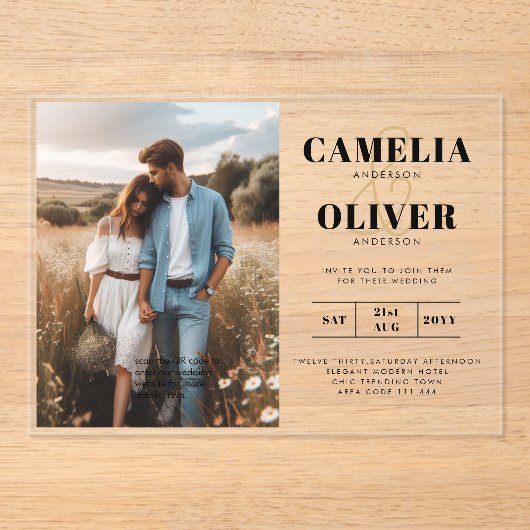ACRYL bruiloft nodigt foto QR-code RSVP Acryl Uitnodigingen (Voorkant)