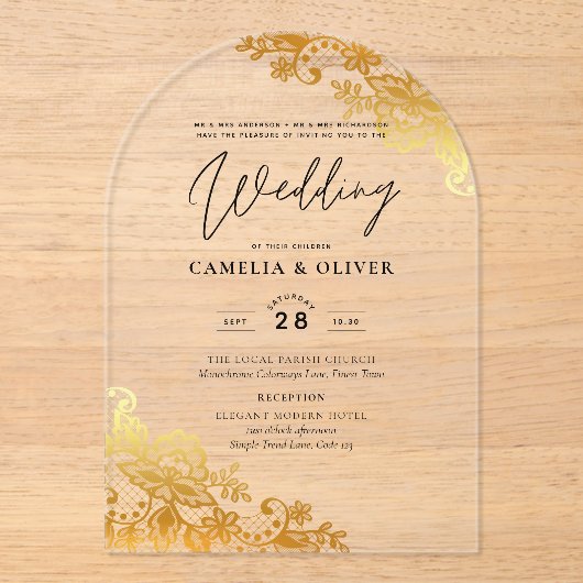 ACRYL bruiloft nodigt gouden kant Elegant Clear Acryl Uitnodigingen (Voorkant)