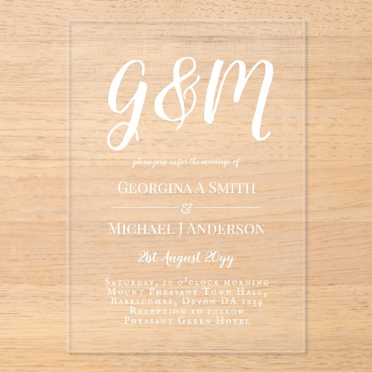 ACRYL bruiloft nodigt witte tekst vet Initialen Acryl Uitnodigingen (Voorkant)