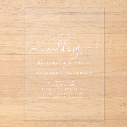 ACRYL bruiloft nodigt witte tekst vet Initialen Acryl Uitnodigingen (Voorkant)