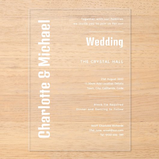 ACRYL bruiloft nodigt witte tekst vet modern Acryl Uitnodigingen (Voorkant)