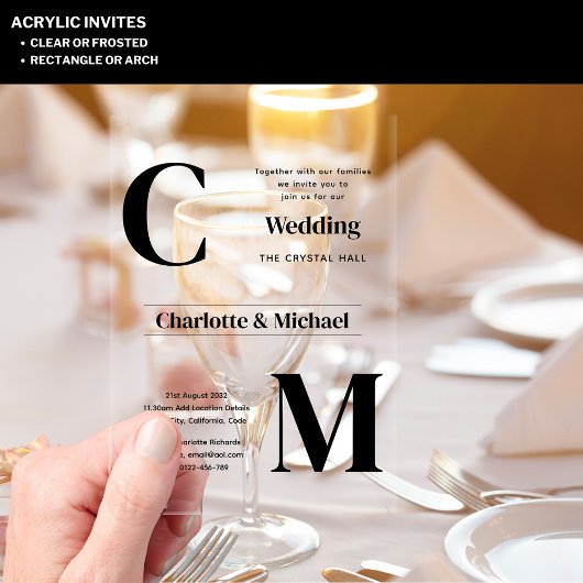 ACRYL bruiloft nodigt zwarte tekst vet Initialen Acryl Uitnodigingen