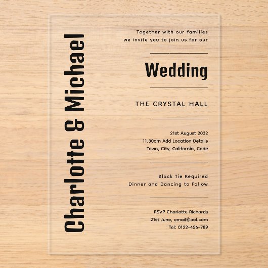 ACRYL bruiloft nodigt zwarte tekst vet modern Acryl Uitnodigingen (Voorkant)