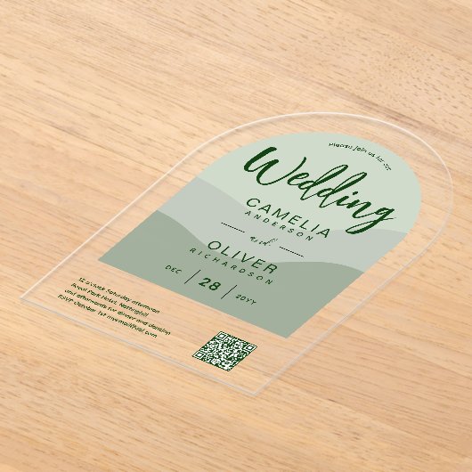 ACRYL BRUILOFT Olijfgroen QR Code RSVP Website Acryl Uitnodigingen (Laagn)