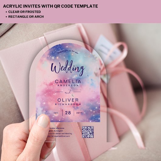 ACRYL BRUILOFT Sterrennacht Roze Blauw QRCode RSVP Acryl Uitnodigingen