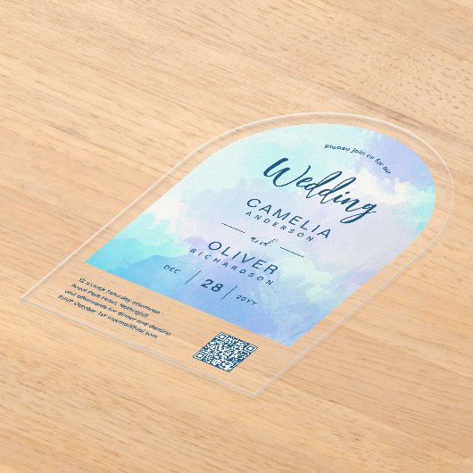 ACRYL BRUILOFT Strandjus Blauw Groen QR Code RSVP Acryl Uitnodigingen (Laagn)