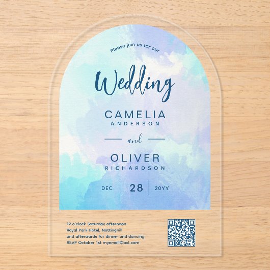 ACRYL BRUILOFT Strandjus Blauw Groen QR Code RSVP Acryl Uitnodigingen (Voorkant)