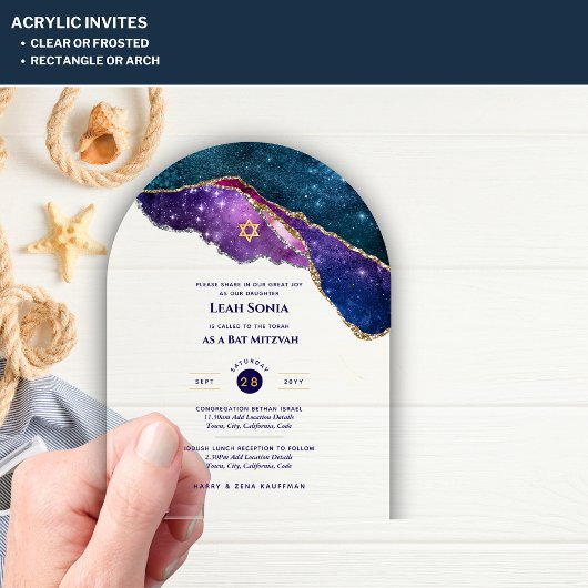 Acryl Clear BAR MITZVAH Galaxy Sterrennacht Blauw Acryl Uitnodigingen